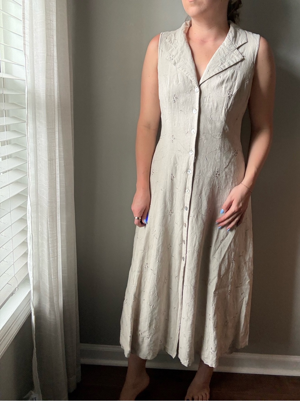 Vintage Sheri Martin New York Midi A-Line Linen Dress Size 8